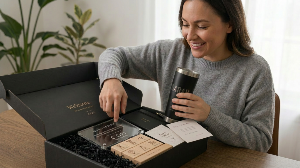 woman unboxing onboarding gift