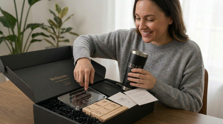 woman unboxing onboarding gift