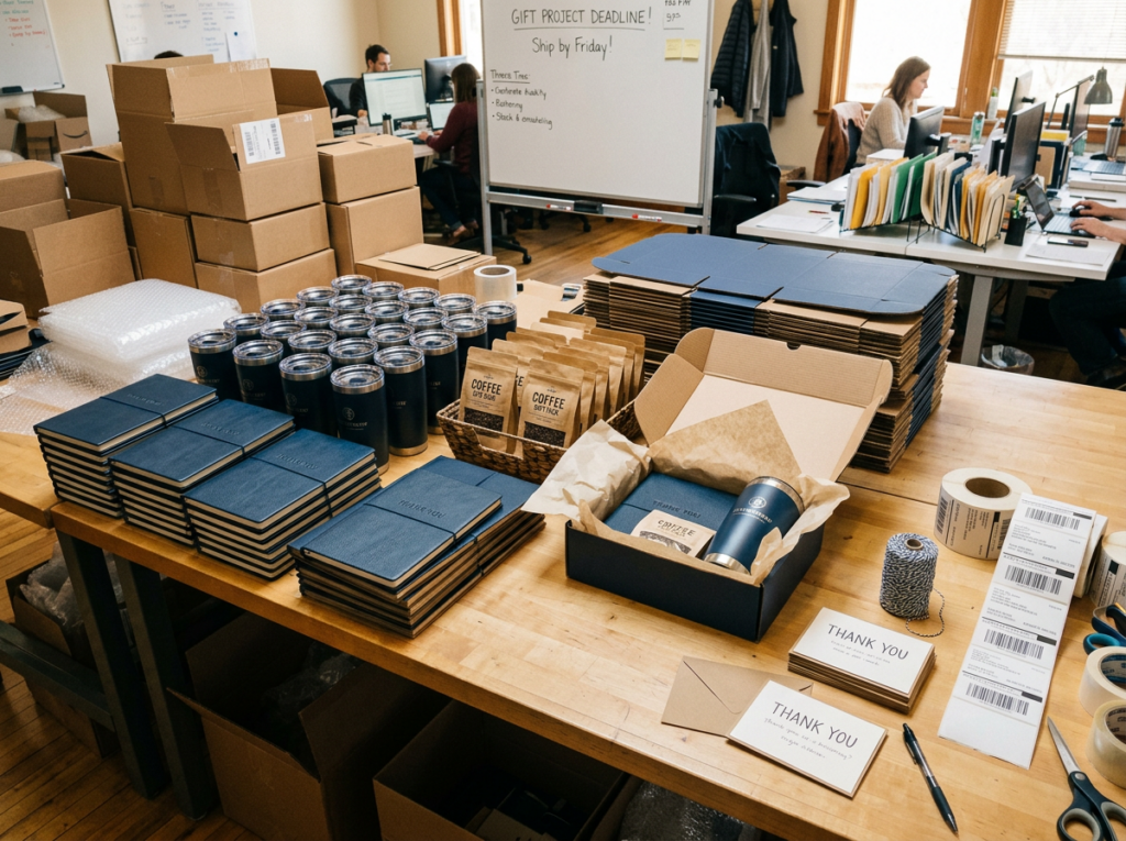 Gift packing station with tumblers, notebooks, and boxes being assembled for an employee appreciation program