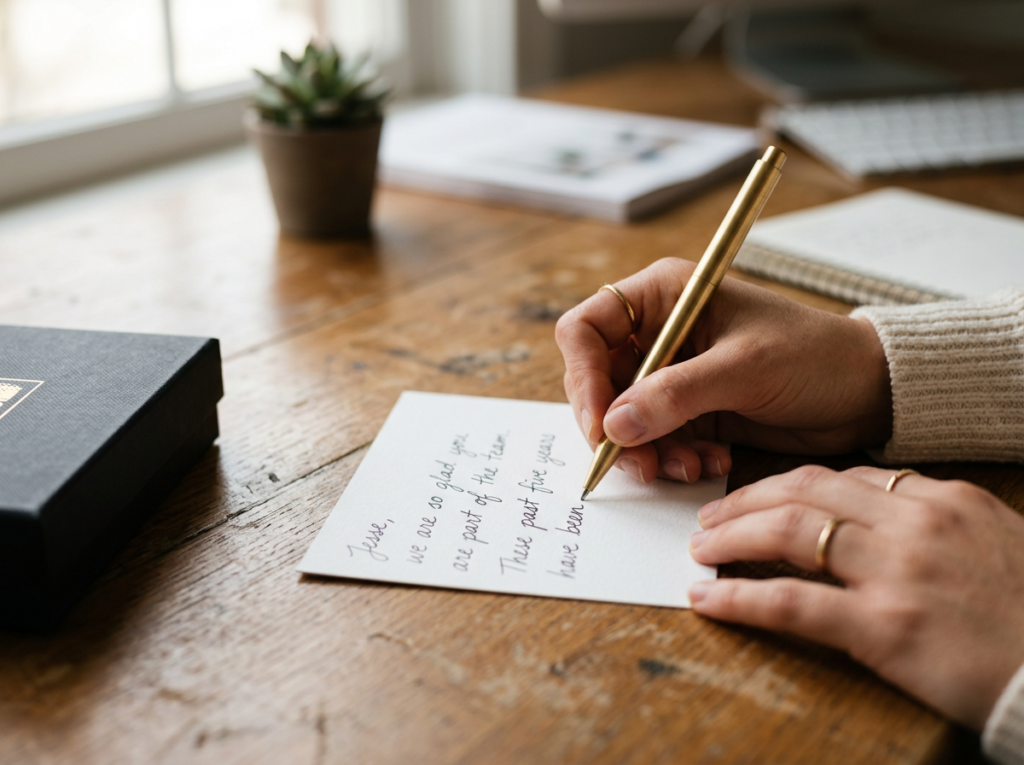 Hand writing a personalized note card for an employee gift box